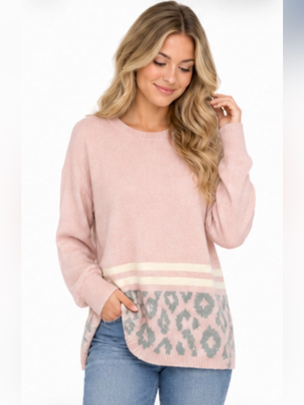 SCUSI Women’s Pink Wool Cashmere Blend Abstract Print Sweater Size Medium